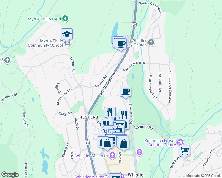 map of restaurants, bars, coffee shops, grocery stores, and more near 4813 Casabella Crescent in Whistler