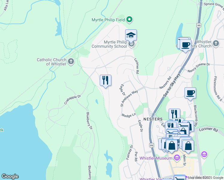 map of restaurants, bars, coffee shops, grocery stores, and more near 6542 Balsam Way in Whistler