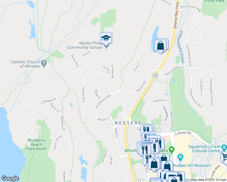 map of restaurants, bars, coffee shops, grocery stores, and more near 6403 Saint Andrews Way in Whistler