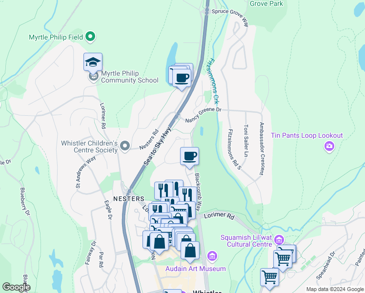 map of restaurants, bars, coffee shops, grocery stores, and more near 4862 Casabella Crescent in Whistler