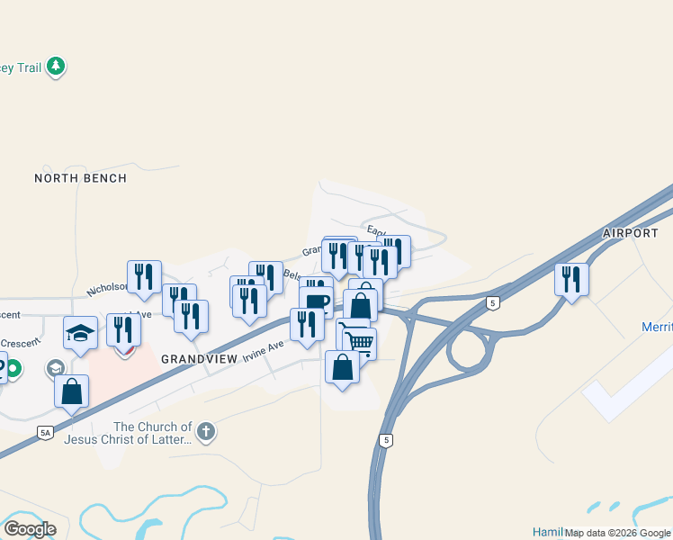 map of restaurants, bars, coffee shops, grocery stores, and more near 4100 Belshaw Street in Merritt