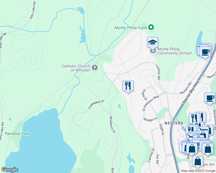 map of restaurants, bars, coffee shops, grocery stores, and more near 6677 Crabapple Drive in Whistler