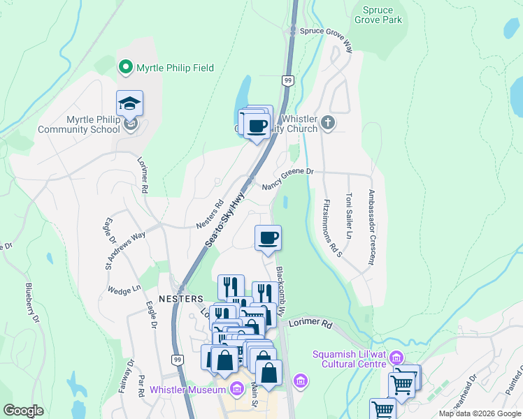 map of restaurants, bars, coffee shops, grocery stores, and more near 4847 Casabella Crescent in Whistler