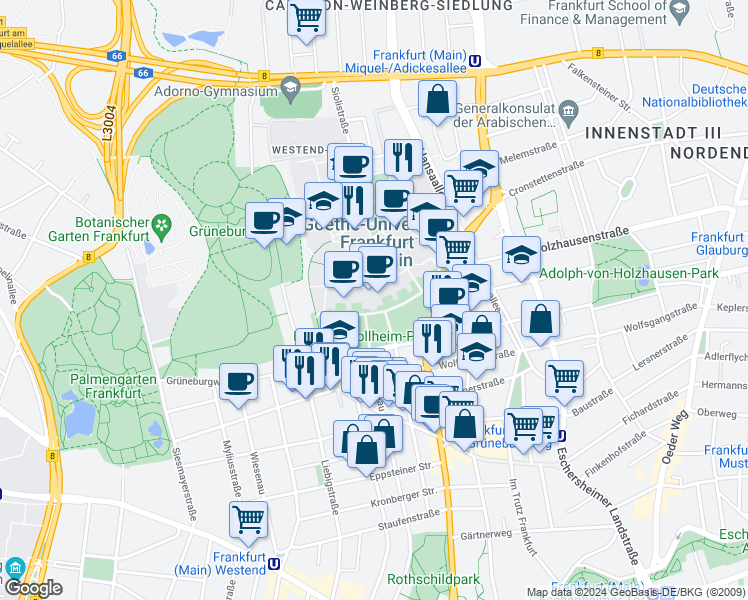 map of restaurants, bars, coffee shops, grocery stores, and more near 1 Grüneburgweg in Frankfurt