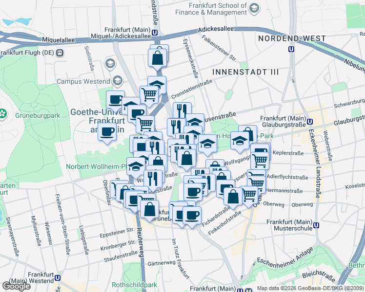 map of restaurants, bars, coffee shops, grocery stores, and more near 105-107 Eschersheimer Landstraße in Frankfurt am Main