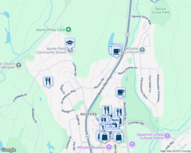 map of restaurants, bars, coffee shops, grocery stores, and more near 7424 Treetop Lane in Whistler