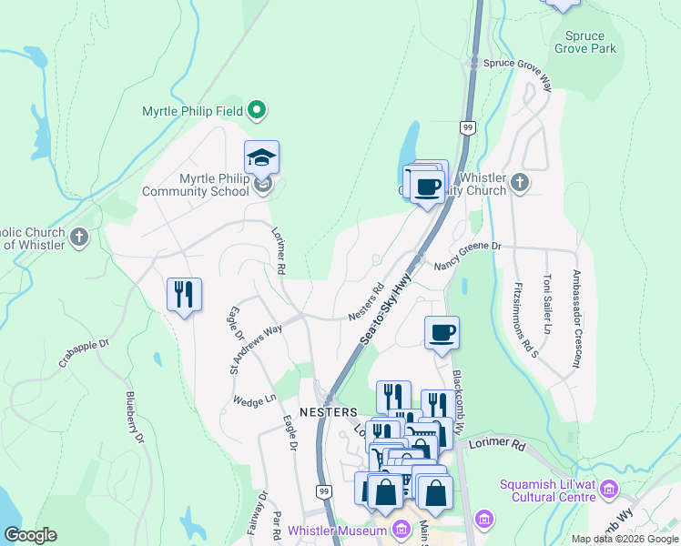 map of restaurants, bars, coffee shops, grocery stores, and more near 7425 Treetop Lane in Whistler