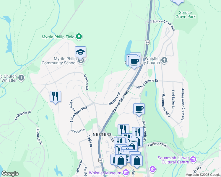map of restaurants, bars, coffee shops, grocery stores, and more near 7424 Treetop Lane in Whistler