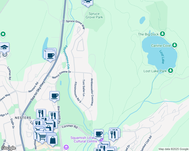 map of restaurants, bars, coffee shops, grocery stores, and more near 7410 Ambassador Crescent in Whistler