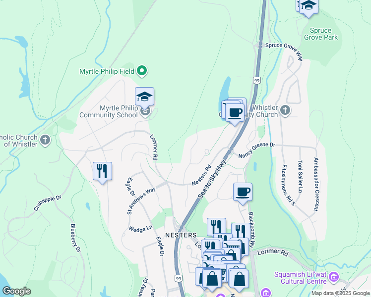 map of restaurants, bars, coffee shops, grocery stores, and more near 7441 Treetop Lane in Whistler