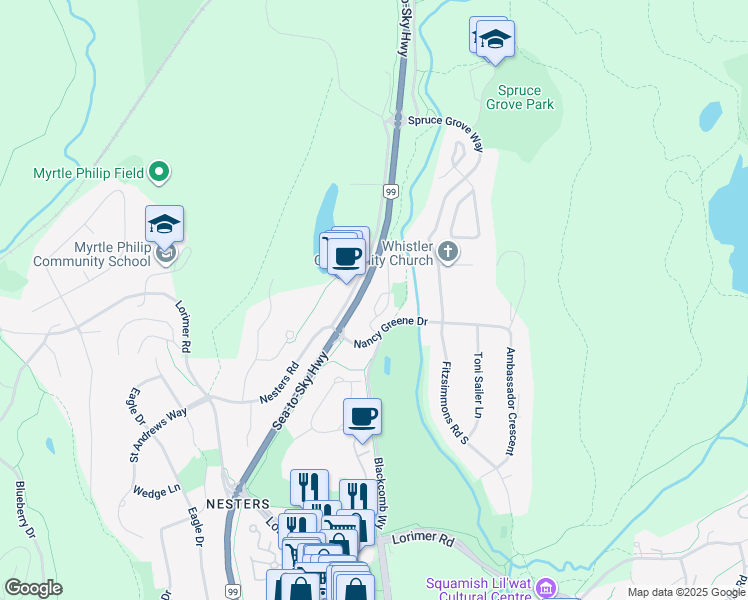 map of restaurants, bars, coffee shops, grocery stores, and more near 7124 Nancy Greene Drive in Whistler