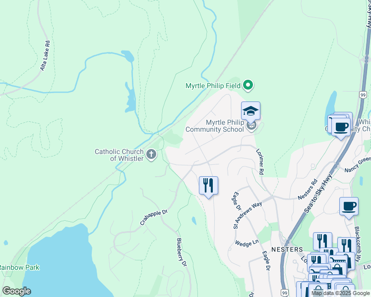 map of restaurants, bars, coffee shops, grocery stores, and more near 6411 Easy Street in Whistler
