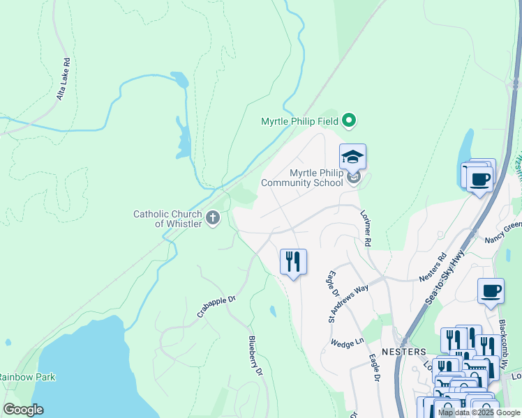 map of restaurants, bars, coffee shops, grocery stores, and more near 6411 Easy Street in Whistler