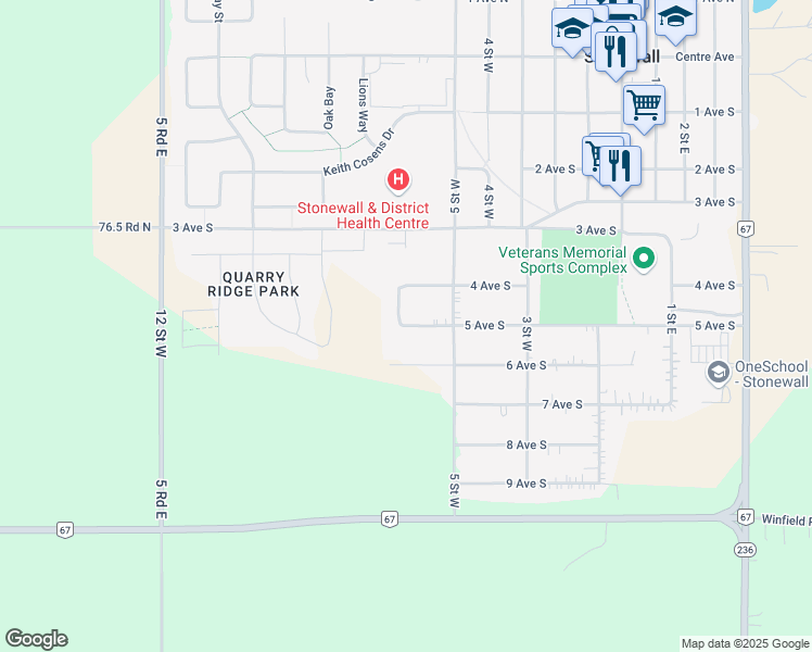 map of restaurants, bars, coffee shops, grocery stores, and more near 36 Oak Park Drive in Stonewall