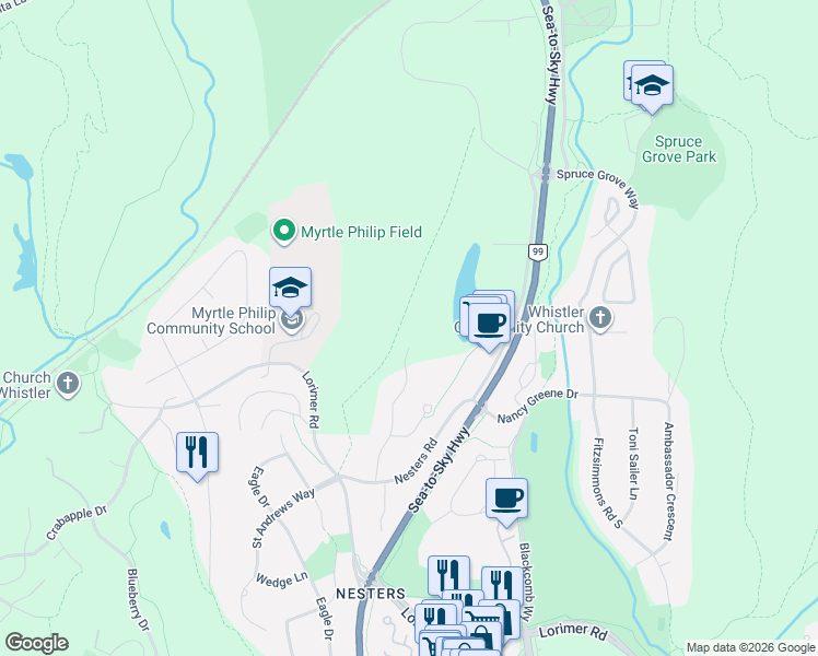 map of restaurants, bars, coffee shops, grocery stores, and more near Treetop Lane in Whistler