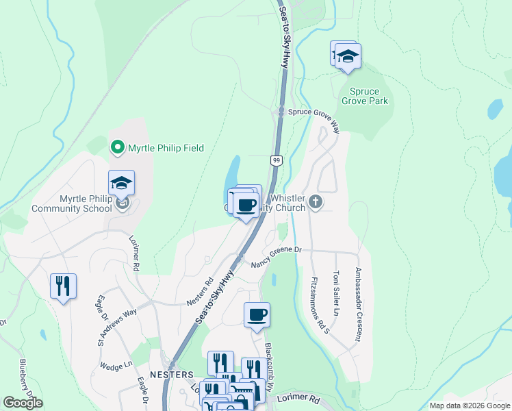 map of restaurants, bars, coffee shops, grocery stores, and more near 7001 Nesters Road in Whistler
