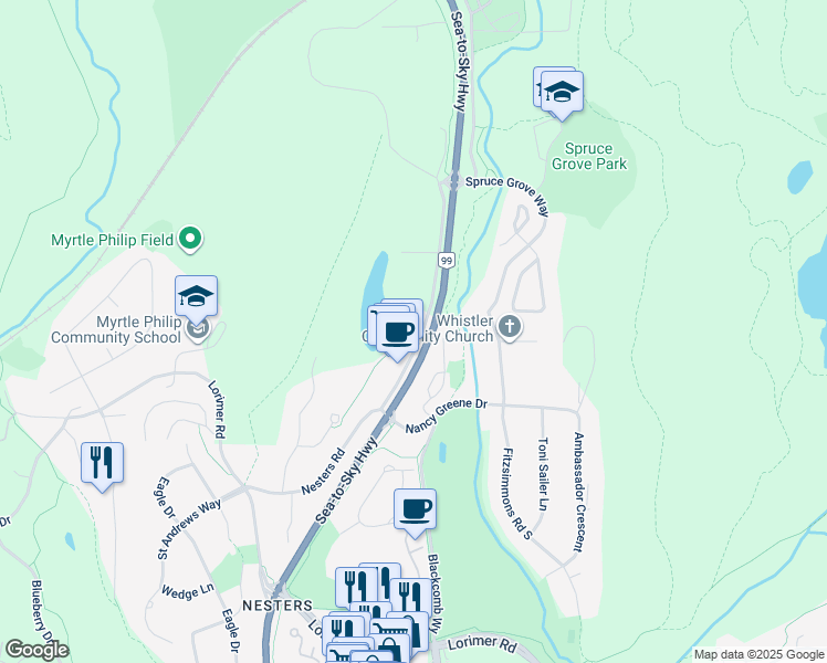 map of restaurants, bars, coffee shops, grocery stores, and more near 7001 Nesters Road in Whistler