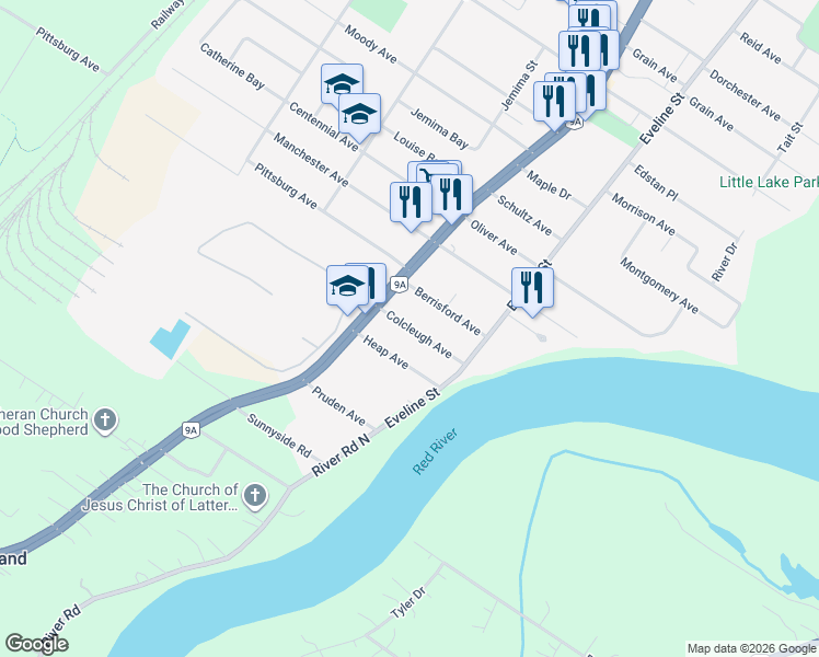 map of restaurants, bars, coffee shops, grocery stores, and more near 230 Colcleugh Avenue in Selkirk