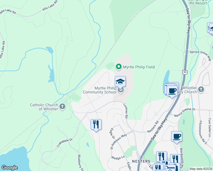 map of restaurants, bars, coffee shops, grocery stores, and more near 6343 Easy Street in Whistler