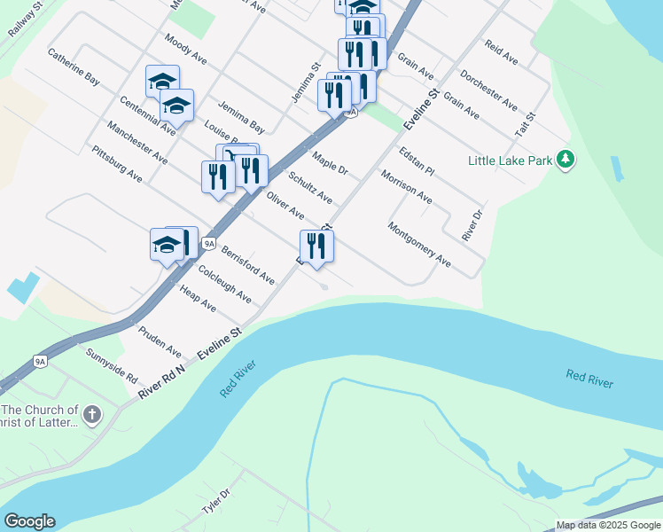 map of restaurants, bars, coffee shops, grocery stores, and more near 62 Eveline Street in Selkirk
