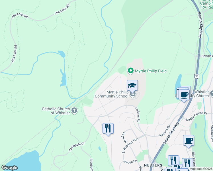 map of restaurants, bars, coffee shops, grocery stores, and more near 6447 Balsam Way in Whistler