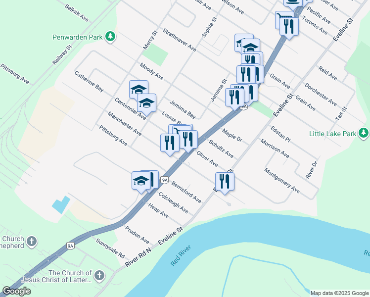 map of restaurants, bars, coffee shops, grocery stores, and more near 65 Main Street in Selkirk