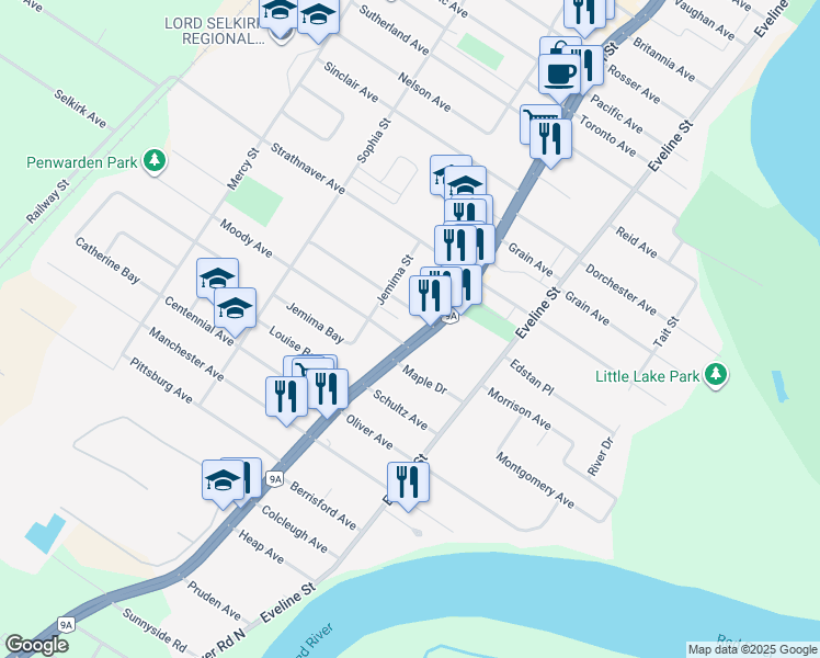 map of restaurants, bars, coffee shops, grocery stores, and more near 165 Main Street in Selkirk