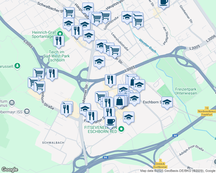 map of restaurants, bars, coffee shops, grocery stores, and more near 61 Mergenthalerallee in Eschborn