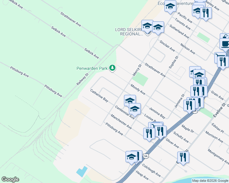 map of restaurants, bars, coffee shops, grocery stores, and more near 15 Dorothy Bay in Selkirk