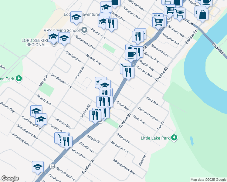 map of restaurants, bars, coffee shops, grocery stores, and more near 219 Main Street in Selkirk