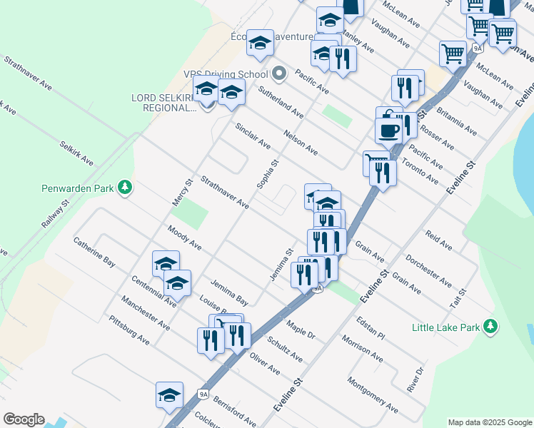 map of restaurants, bars, coffee shops, grocery stores, and more near 421 Strathnaver Avenue in Selkirk
