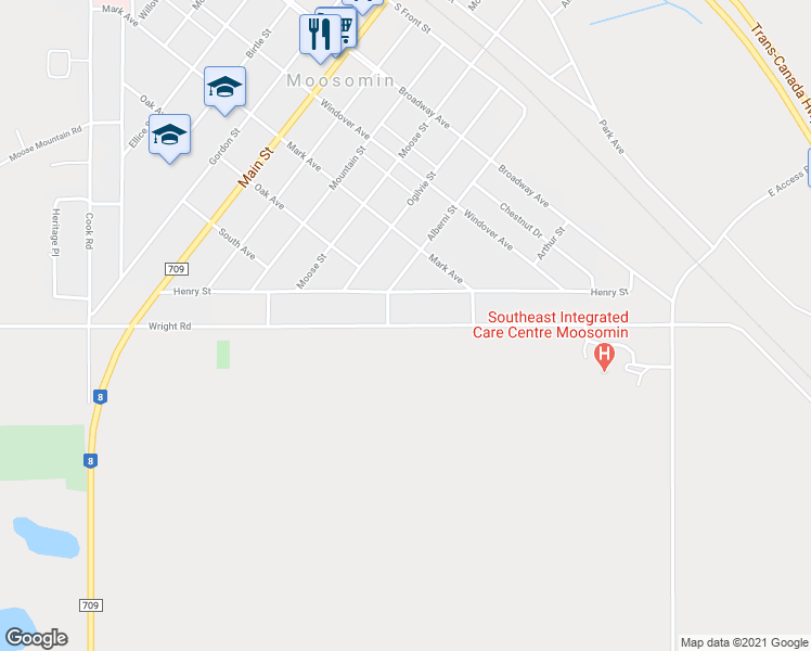 map of restaurants, bars, coffee shops, grocery stores, and more near 306 Wright Road in Moosomin