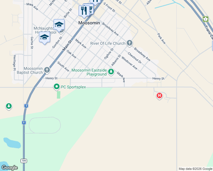 map of restaurants, bars, coffee shops, grocery stores, and more near 306 Wright Road in Moosomin