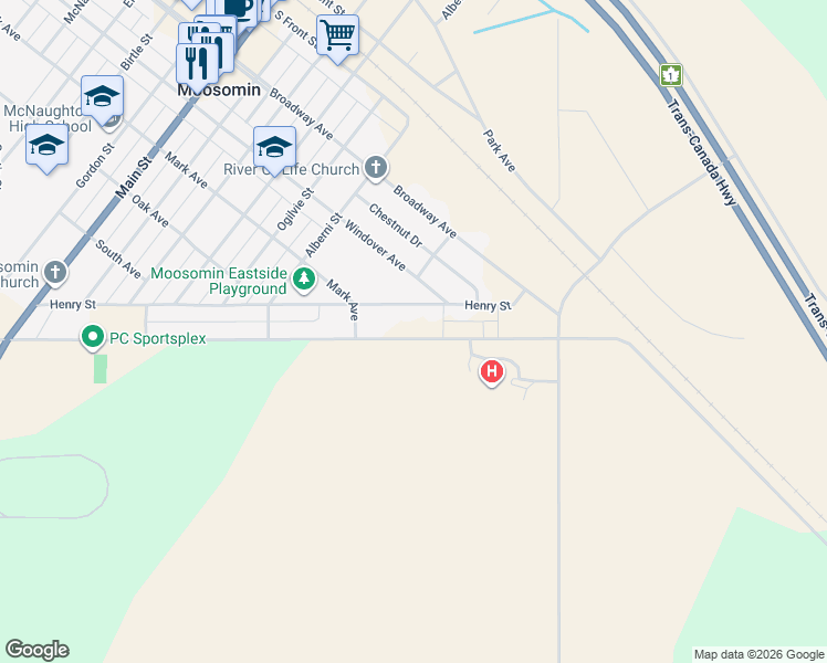 map of restaurants, bars, coffee shops, grocery stores, and more near 413 Henry Street in Moosomin