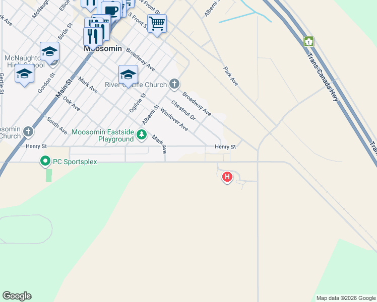 map of restaurants, bars, coffee shops, grocery stores, and more near 413 Henry Street in Moosomin