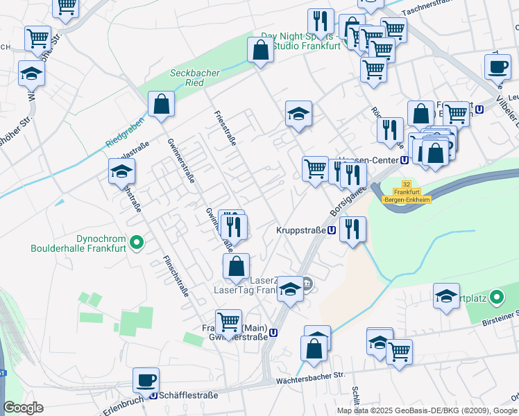 map of restaurants, bars, coffee shops, grocery stores, and more near 7 Friesstraße in Frankfurt am Main