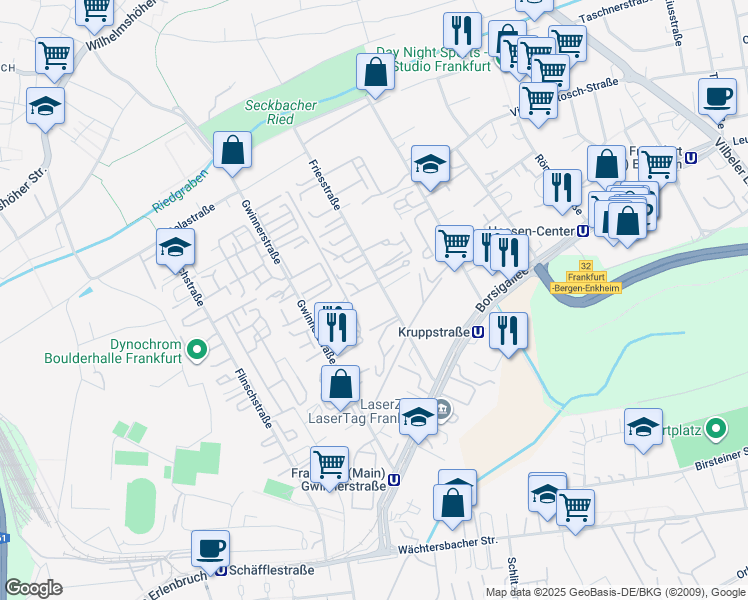 map of restaurants, bars, coffee shops, grocery stores, and more near 7 Friesstraße in Frankfurt am Main