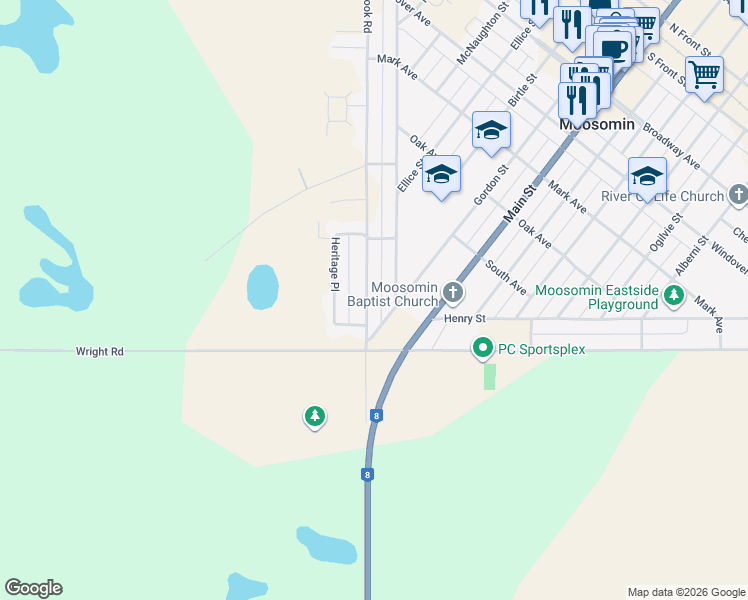 map of restaurants, bars, coffee shops, grocery stores, and more near 539 Cook Road in Moosomin