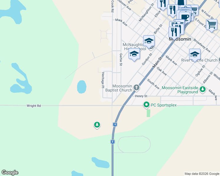 map of restaurants, bars, coffee shops, grocery stores, and more near 538 Cook Road in Moosomin