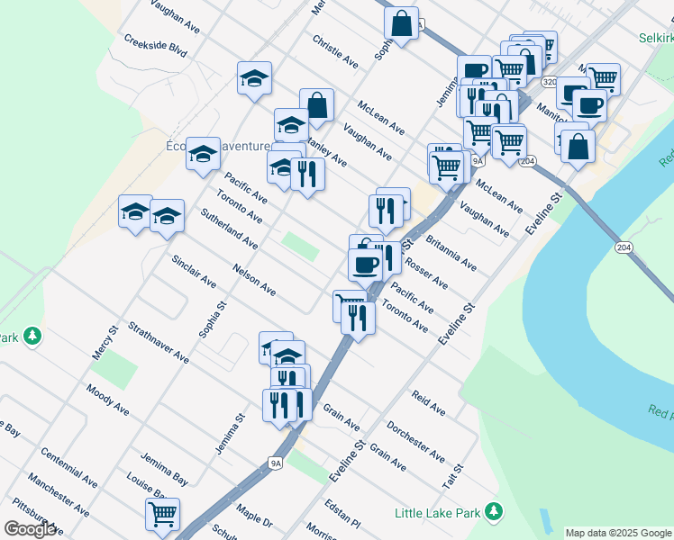 map of restaurants, bars, coffee shops, grocery stores, and more near Toronto Avenue in Selkirk