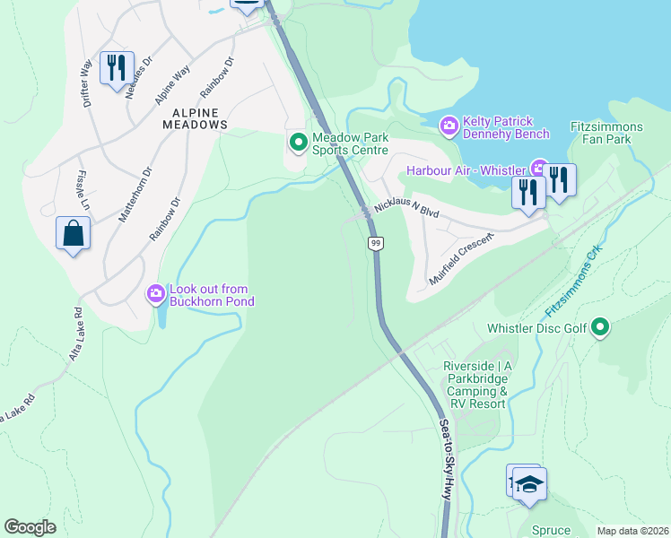 map of restaurants, bars, coffee shops, grocery stores, and more near 8032 Cypress Place in Whistler
