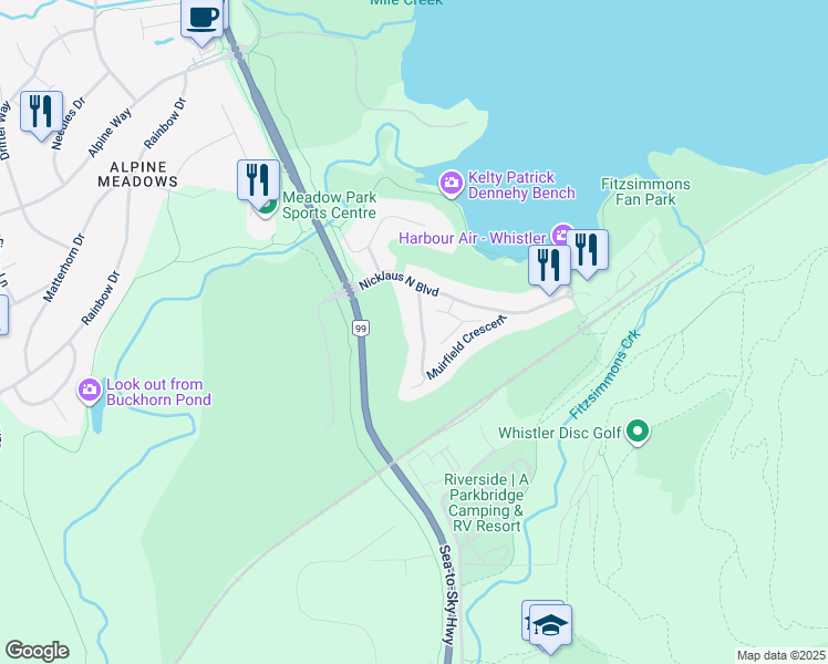 map of restaurants, bars, coffee shops, grocery stores, and more near 8115 Muirfield Crescent in Whistler