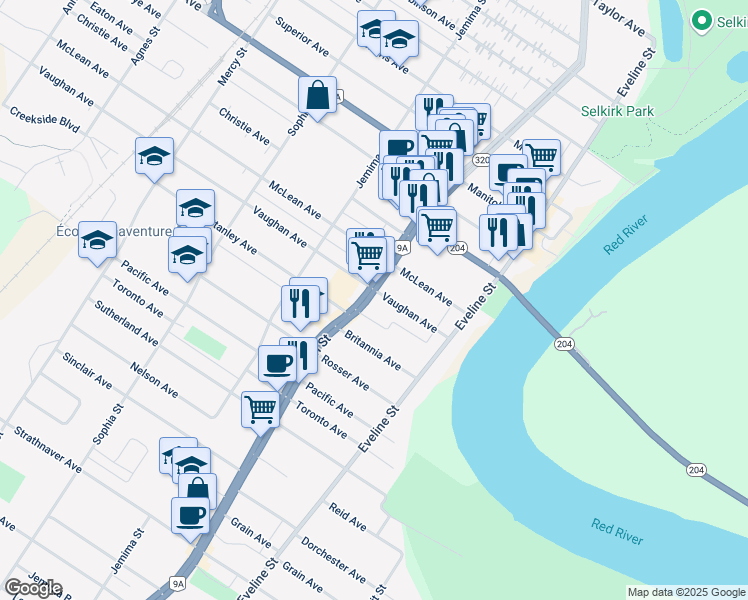 map of restaurants, bars, coffee shops, grocery stores, and more near 330 Main Street in Selkirk