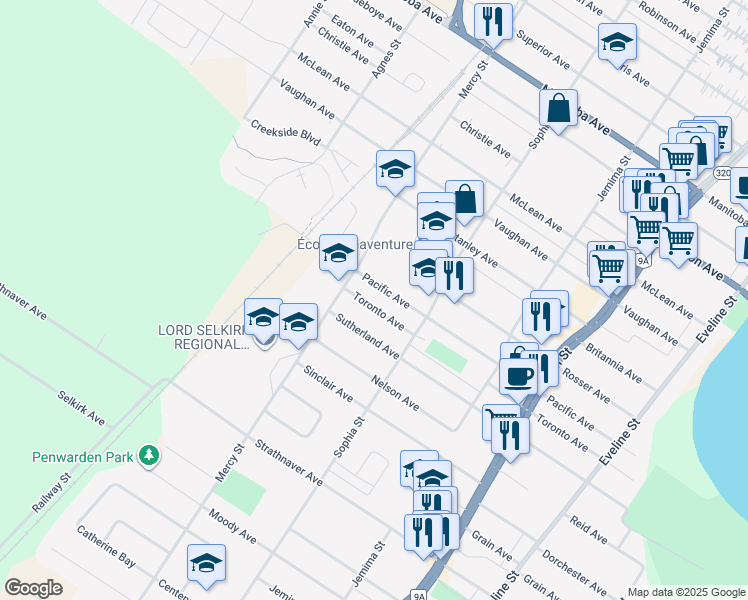 map of restaurants, bars, coffee shops, grocery stores, and more near 519 Toronto Avenue in Selkirk