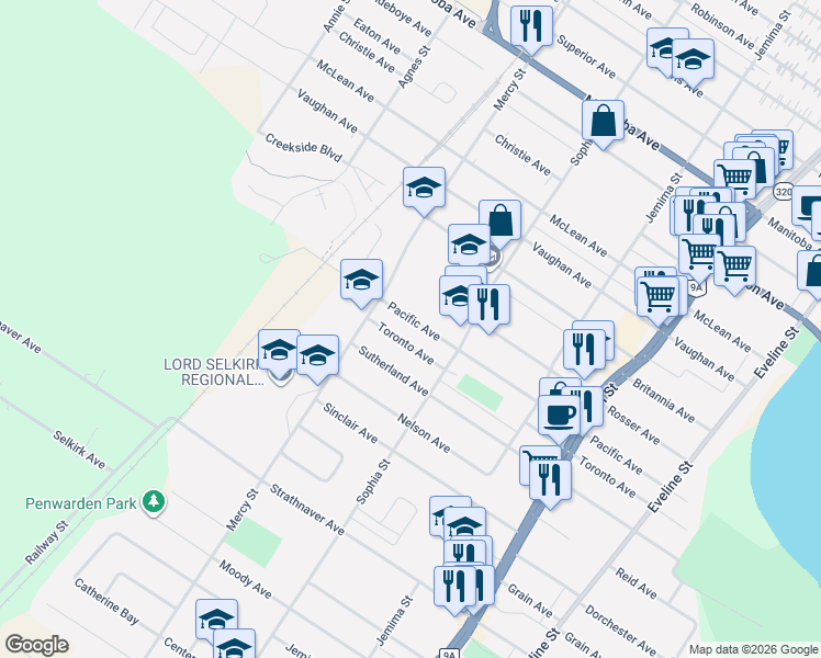 map of restaurants, bars, coffee shops, grocery stores, and more near 519 Toronto Avenue in Selkirk