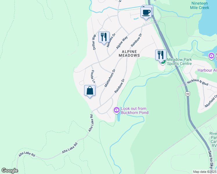 map of restaurants, bars, coffee shops, grocery stores, and more near 8476 Matterhorn Drive in Whistler