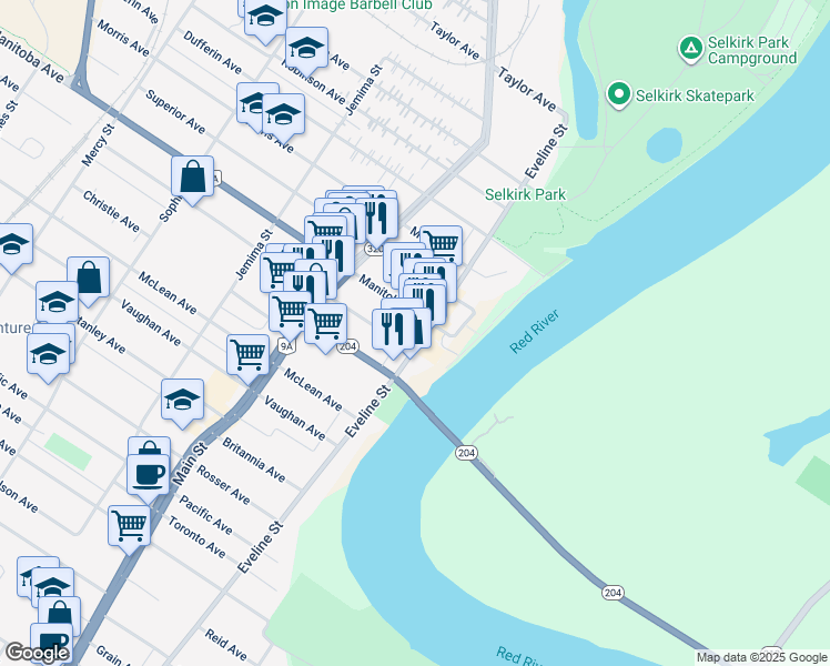 map of restaurants, bars, coffee shops, grocery stores, and more near 377 Eveline Street in Selkirk