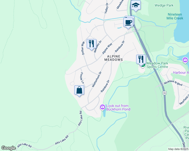 map of restaurants, bars, coffee shops, grocery stores, and more near 8504 Drifter Way in Whistler