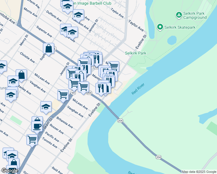 map of restaurants, bars, coffee shops, grocery stores, and more near 377 Eveline Street in Selkirk