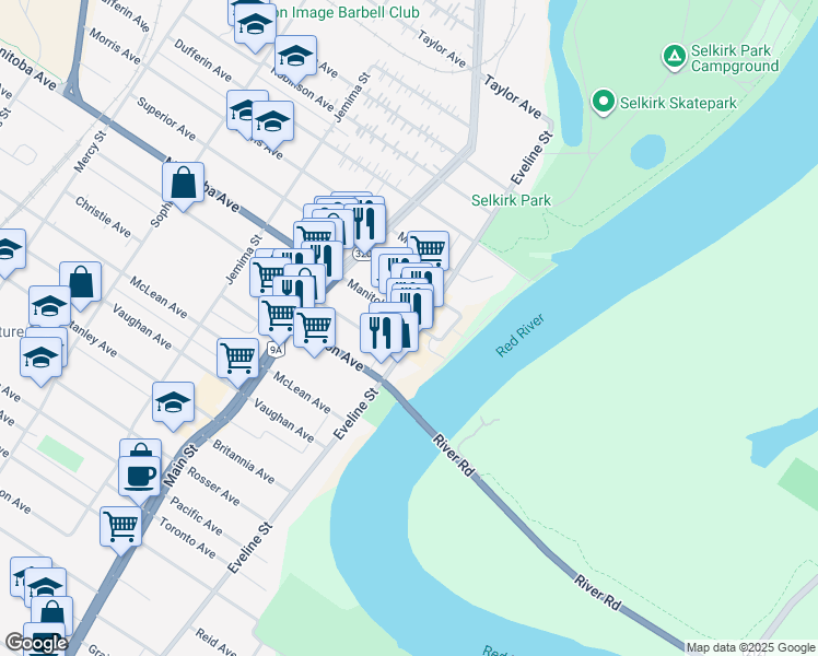 map of restaurants, bars, coffee shops, grocery stores, and more near 383 Eveline Street in Selkirk